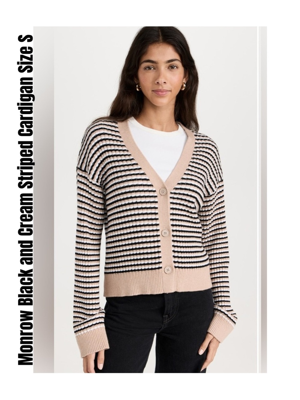 Monrow Cream and Black Striped V-Neck Cardigan